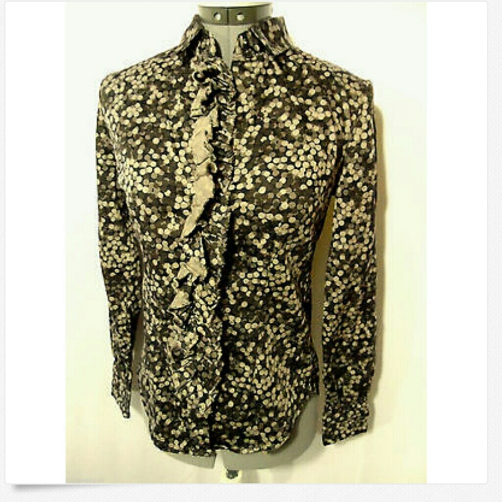 NEW YORK & CO. Ruffled Dress Shirt XS Brown Black dots Stretch fit Long Sleeve